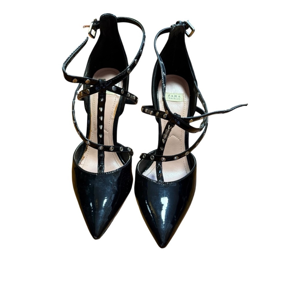 Zara Black Patent Strappy Studded Stiletto Heels Pointed Toe Pumps Size 37US 6.5